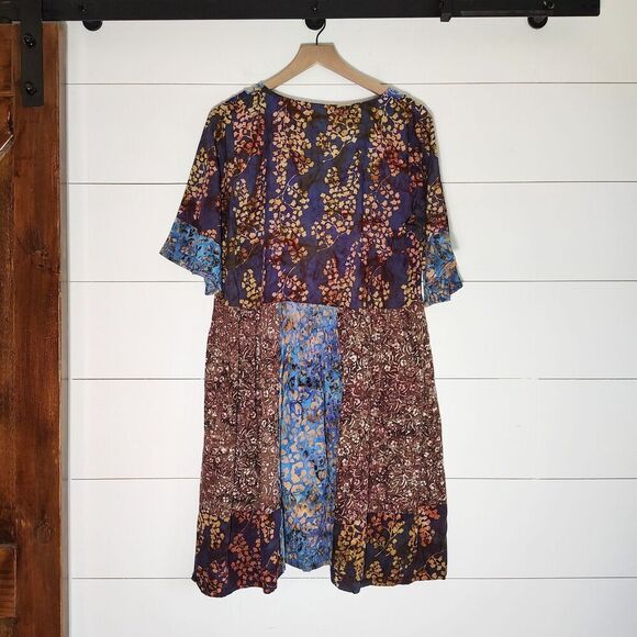 Boho Patchwork Tunic Dress Size M Blue Brown Floral Lagenlook Artsy - Picture 2 of 9